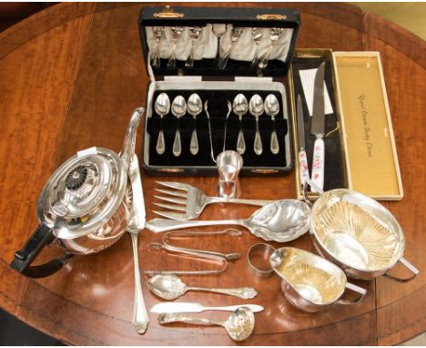 A three piece tea service EPNS, a boxed set of cake forks, teaspoons and serving fork and sugar tongs EPNS, and other plated 