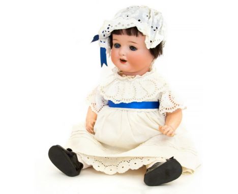 Armand Marseille: An Armand Marseille open-mouth, bisque head doll, composite body, wearing a later, vintage cotton dress, ma