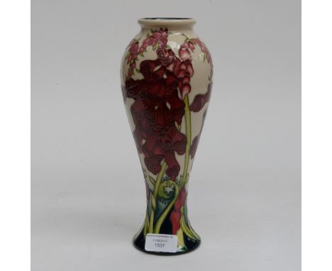 A Moorcroft waisted vase in the 'Fairies Foxglove' pattern, 1st quality, unusual colourway, burgundy foxgloves on cream groun