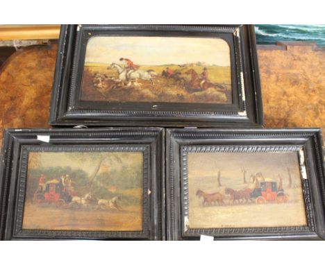 Three framed oil paintings, of hunting interest and two coaching paintings, all unsigned 