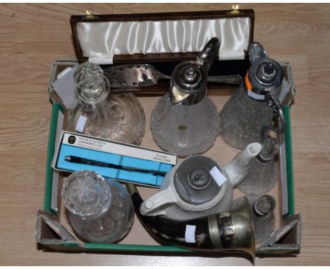Two claret jugs, two condiment bottles, boxed cake knife and pickle fork, a Victorian EPNS  and hunting horn , two 19th centu