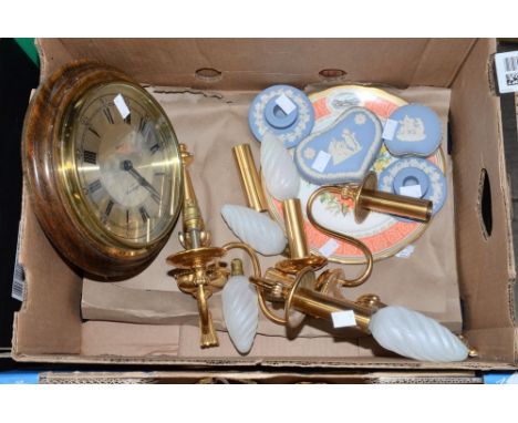 A parcel lot to include five volumes of Fanny Craddocks cookery recipes , a kitchen clock, Jasperware, brass wall light and a