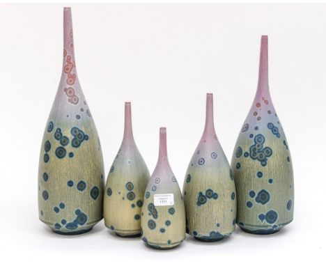 Ted Secombe, Group of 5, studio porcelain sculpture group, 2015, matte crystal glaze, 48cm high (5)Note: Australian studio po