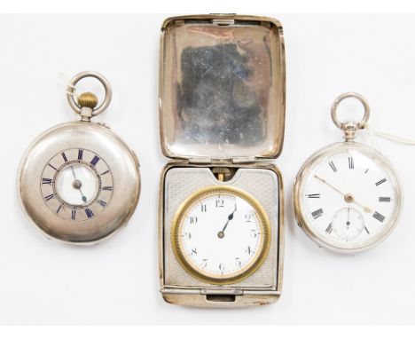 A silver cased travel clock with engine turned case detail, white enamel dial, a/f missing hand, along with silver hunter (pe
