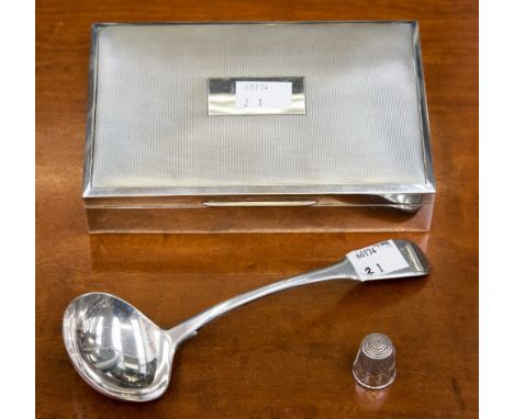 Cigarette box hallmarked Birmingham 1924, maker W.T. Toghill & Co, silver ladle and thimble