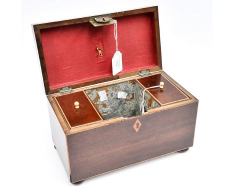 A 19th century mahogany and string tea caddy with triple division interior, bun feet