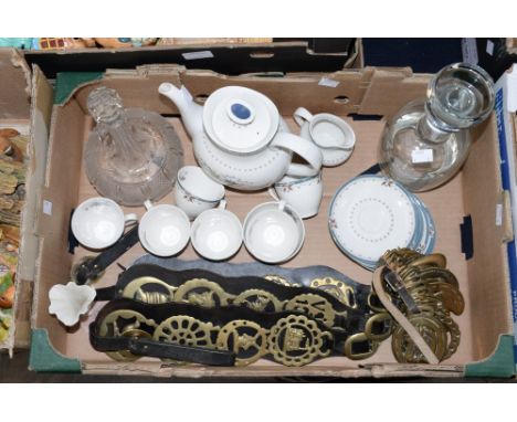 Royal Doulton 'Old Colony' part tea service, with two decanters and a collection of horse brasses (1 box)