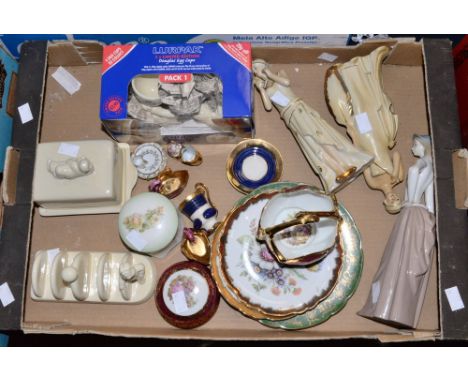 Ceramics to include Lurpak butter dish, toast rack and egg cups, figurines and Limoges trinkets (one box) 