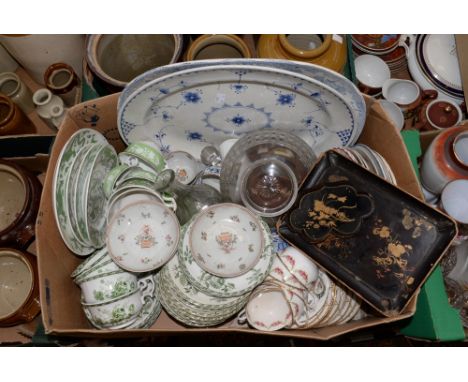 A box of assorted teawares etc, including, two blue and white meat plates, early 1800s tea bowls and saucers, Coalport, Copel