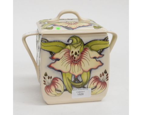 A Moorcroft square twin handled biscuit box and cover, 1st quality, Anna Lily pattern in unusual colourway, designed by Nicol
