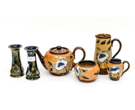 Collection, Royal Doulton Lambeth Ware 'Slatter' pattern, small jug, sugar, large jug and teapot s/d, including pair of Royal