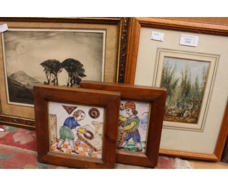 W. Renison, 'The Five Sisters, Skye', print signed in pencil; together with Hop Pickers Baxter print and a pair of 17th Centu