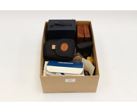 Box camera Ensign E29, navy casing Olympus camera jewel boxes, wooden box, hand held sewing machine crushed gold, fan etc  