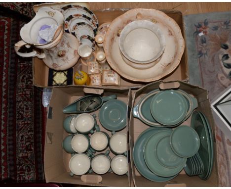 Denby green ground tea wares and dinner wares and Victorian blush dressing table set and matching wash jug, basin and chamber