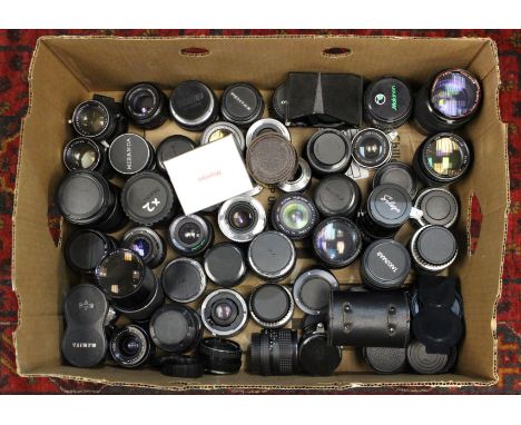 Lenses: One box of assorted camera lenses to include examples of: Mamiya Twin and Single Lens, Pentax, Soligar, Takumar and m