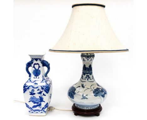 A Chinese blue/white squat base, lamp base with stand and shade, approx 40cms/15.5inches, together with a similar colour ways