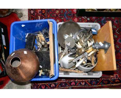 Two boxes of metalware including a Studio copper bowl, weighing scales and weights, assorted cutlery 