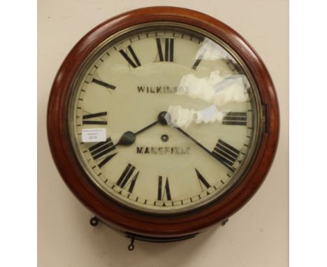 A 19th century school/railway circular wall clock with original key and pendulum, mahogany surround, Wilkinson Mansfield on t