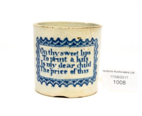 An early 19th Century pearlware mug, printed with phrase on thy sweet lips, to print a kiss, is my dear child, the prize of t
