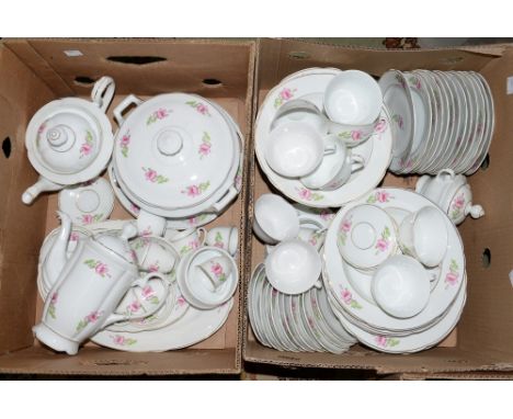 A continental china part dinner, coffee and tea service, having white ground with pink flowers and gilded rims (two boxes)