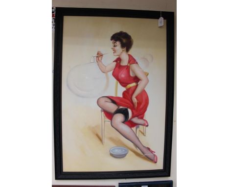 A large oil on canvas, contemporary, whole length portrait of 1950s pin-up girl, seated, blowing bubbles, indistinctly signed