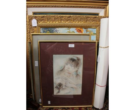 A pair of 1960s sketches, pencil and pastel, nude studies, together with a large oil on canvas, 20th Century, lady in dress s