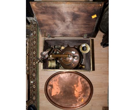 A brass covered log box and brass and copper contents, together with a box of brass and plated wares to include Egyptian ciga