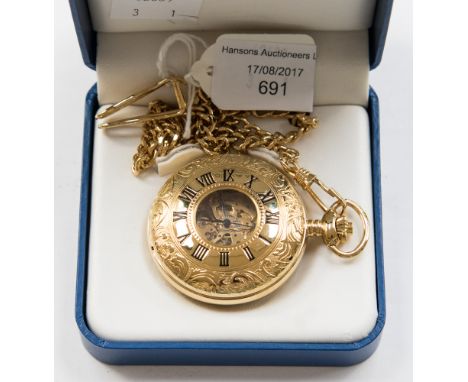 A boxed gilt metal Rotary half hunter pocket watch on chain