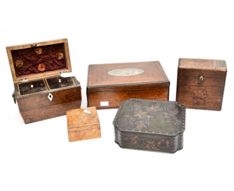 A George IV rosewood tea caddy, satinwood strung with two section interior; together with tins and boxes including satinwood 