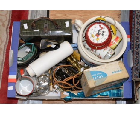 A Tin suitcase, a desk set, enamel milk can, two chamber pots, brass candlesticks  etc, boxes, mirrors etc, to include Record