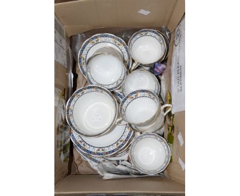 Thirty seven pieces of Royal Albert with bird design, ten teacups, twelve teaplates, two cake plates, twelve saucers, one slo