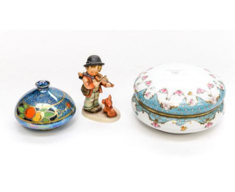 An Art Deco Winkle lustre low vase, a Noritake covered vessel and a Goebel boy violin player (3)