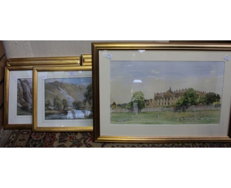 Derbyshire interest: a W Marshall framed and glazed watercolour of Chatsworth, together with six framed and glazed H Gresley 