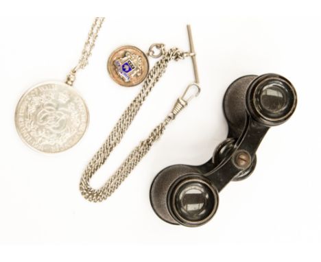 A silver/enamel medallion with crest and motto, a pair of wartime opera glasses and a commemorative medallion and chain Charl