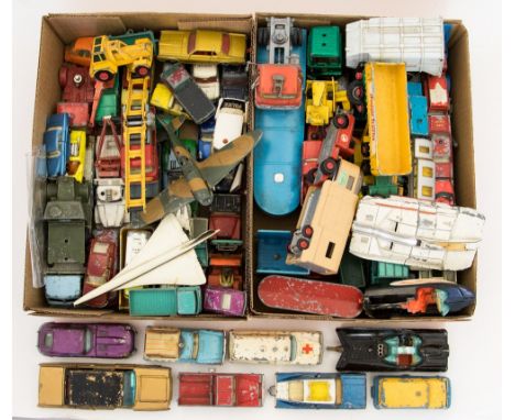 Diecast: Two small boxes of unboxed, playworn diecast vehicles to include: Dinky Leyland Octopus, Corgi Volkswagen, Dinky 661