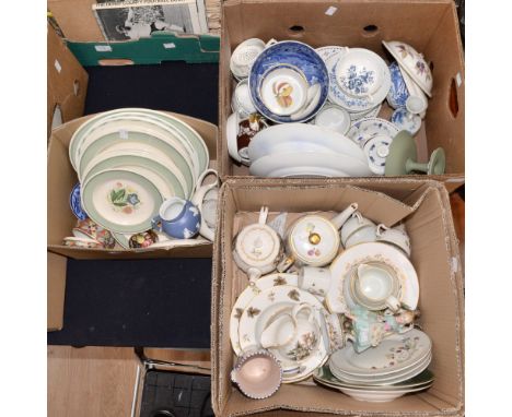 Three boxes of assorted ceramics to include Susie Cooper,Poole, Royal Worcester, Copeland, Wedgwood blue and white etc