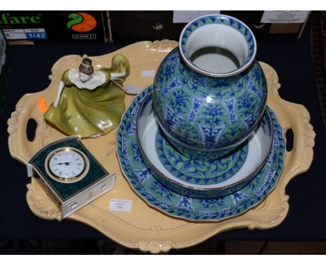 A decorative tray with a Royal Doulton clock and figure 'Lynne', three decorative ceramics from Japan, Royal Crown Derby mini