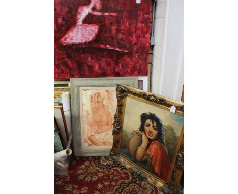 A large oil on canvas, contemporary, portrait of a gypsy girl with tambourine, signed A David, together with a large oil on c