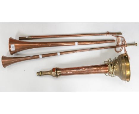 Two post horns and  a lamp created from a fire hose
