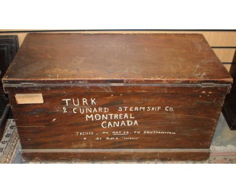 A 19th Century steamer wooden trunk - inscribed 'Cunard Steamship Co' 