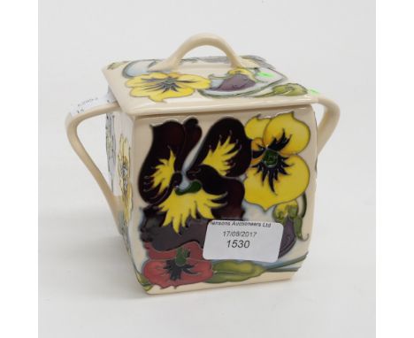 A Moorcroft twin handled biscuit box and cover in the Pansy pattern, on cream ground, 1st quality, standing approx 9.5 cm hig