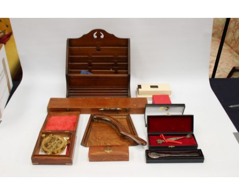 Assorted items to include stationary shelves, rolling rule, silver cross pen set, rolled gold cross pen set, crumb tray and b