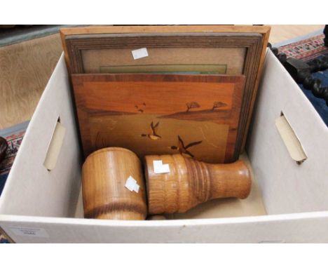 A 19th century mantle clock with key and pendulum, together with three pictures, inlaid glass and print etc, parcel lot 