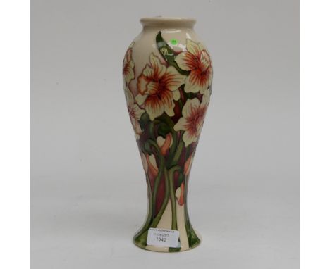 A Moorcroft vase in the 'Little Gem' pattern, 1st quality, blushed orange Narcissus flowers on red and cream ground, designed