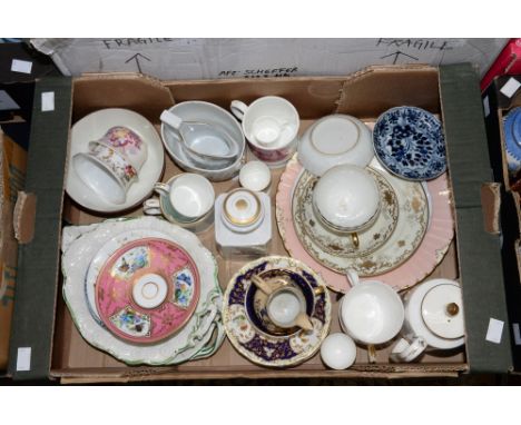 A box containing a collection of early 19th Century hand painted ceramics, including a George III milk jug and matching sugar