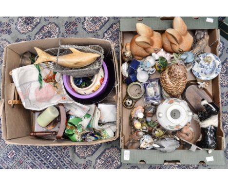 A box of assorted ceramic animals, with a box of glass and metalware etc (2 boxes)