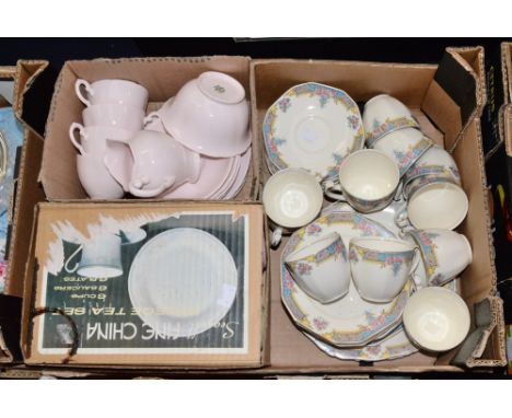 Teaware including Alfred Meakin teaset for twelve; together with Tuscan china pink teaset and James Kent Oregon Pine Harlequi
