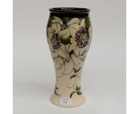 A Moorcroft trail vase, 1st quality, Chrysanthemum flowers in red on cream ground, signed to base 'Kerri, Trial 21-3-17', wit