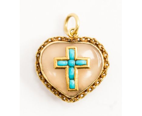 A Victorian gold heart shaped double side mourning brooch pendant with yellow metal chain surround. One side set with a hards