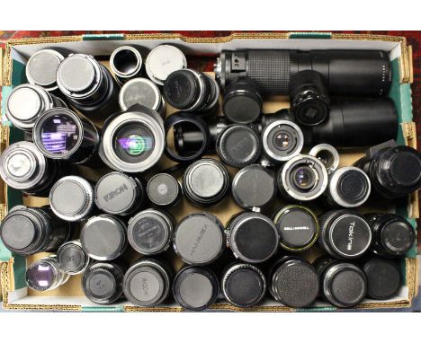 Lenses: One box of assorted camera lenses to include examples of: Paragon, Vivitar, Bell & Howell, Tokina, Ricoh and many oth